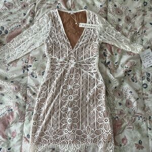 For Love & Lemons Ivory Lace Long Sleeve V-Neck Mini Dress